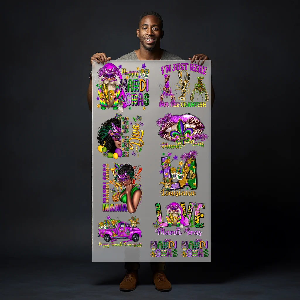 Custom DTF gang sheet with full-color Mardi Gras themed designs held for size reference