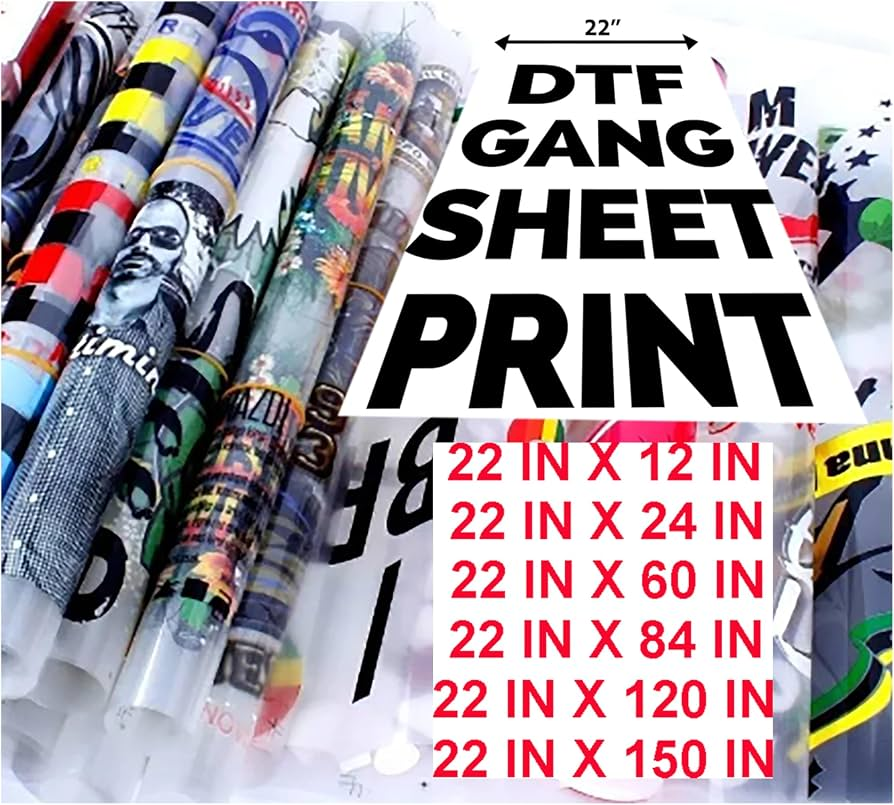 DTF gang sheet print sizes from 22 inches wide by 12 to 150 inches long