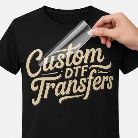 Custom DTF transfer being applied to a black T-shirt by C&H Signs