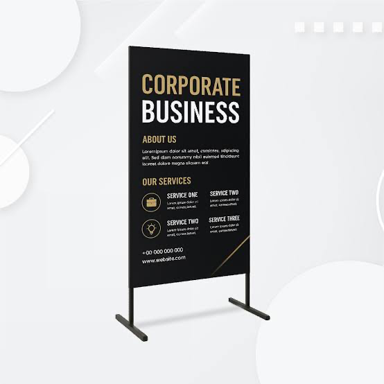 Corporate business floor standee banner on a professional display stand