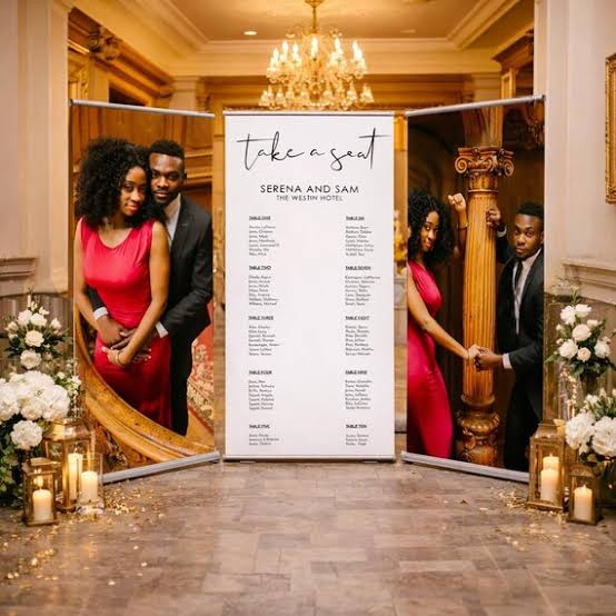 Custom retractable banner used as a wedding seating chart