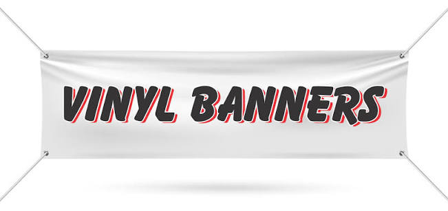 Custom white vinyl banner with reinforced corner grommets